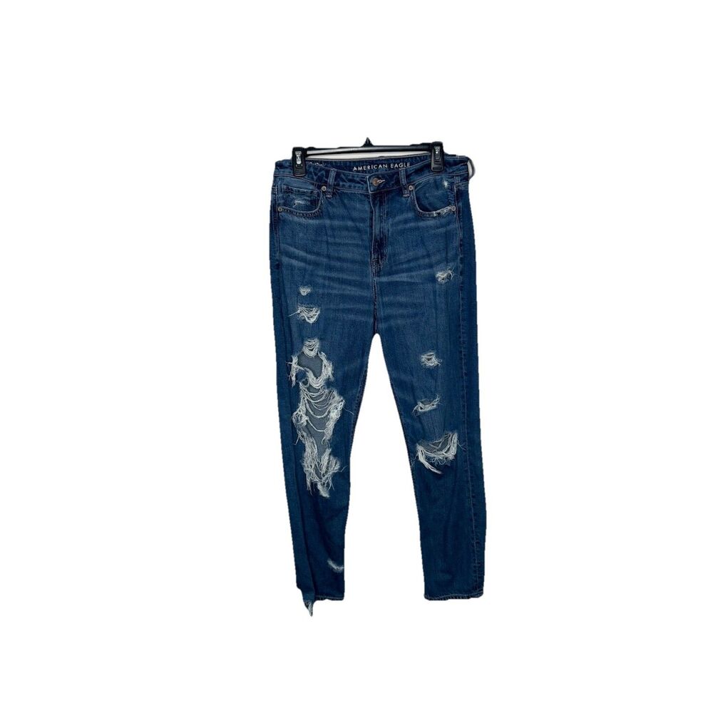 American Eagle Mom Strigid Jean Blue Jeans High Rise Distress Denim Sz 10 Womens